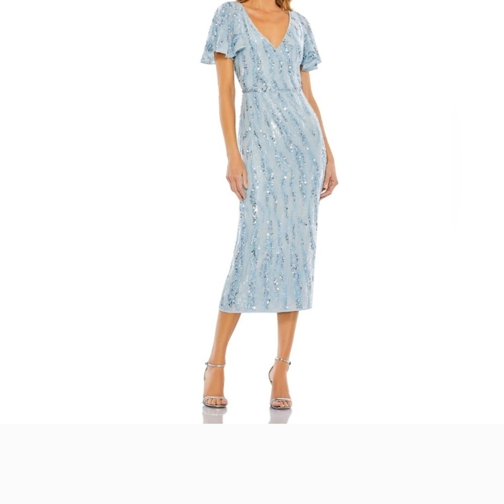 Mac Duggal Light Blue Sequin Midi Dress Size 10